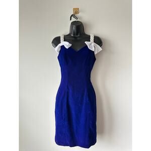 Vintage 80s Zum Zum Cobalt Blue Velvet Mini Dress Pearl Straps Bow Detail Small